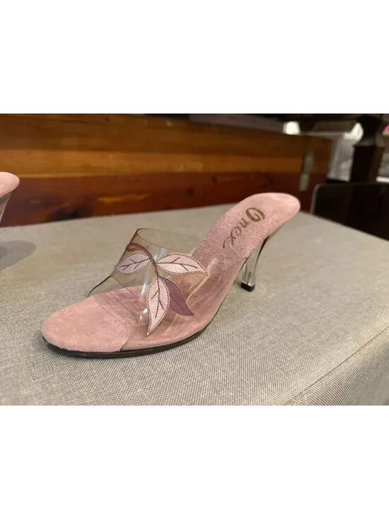 Sz 6 Womens Dusty Rose Suede & Clear Vinyl Open-Toe Heels With Embroidered Leaf - Picture 2 of 7
